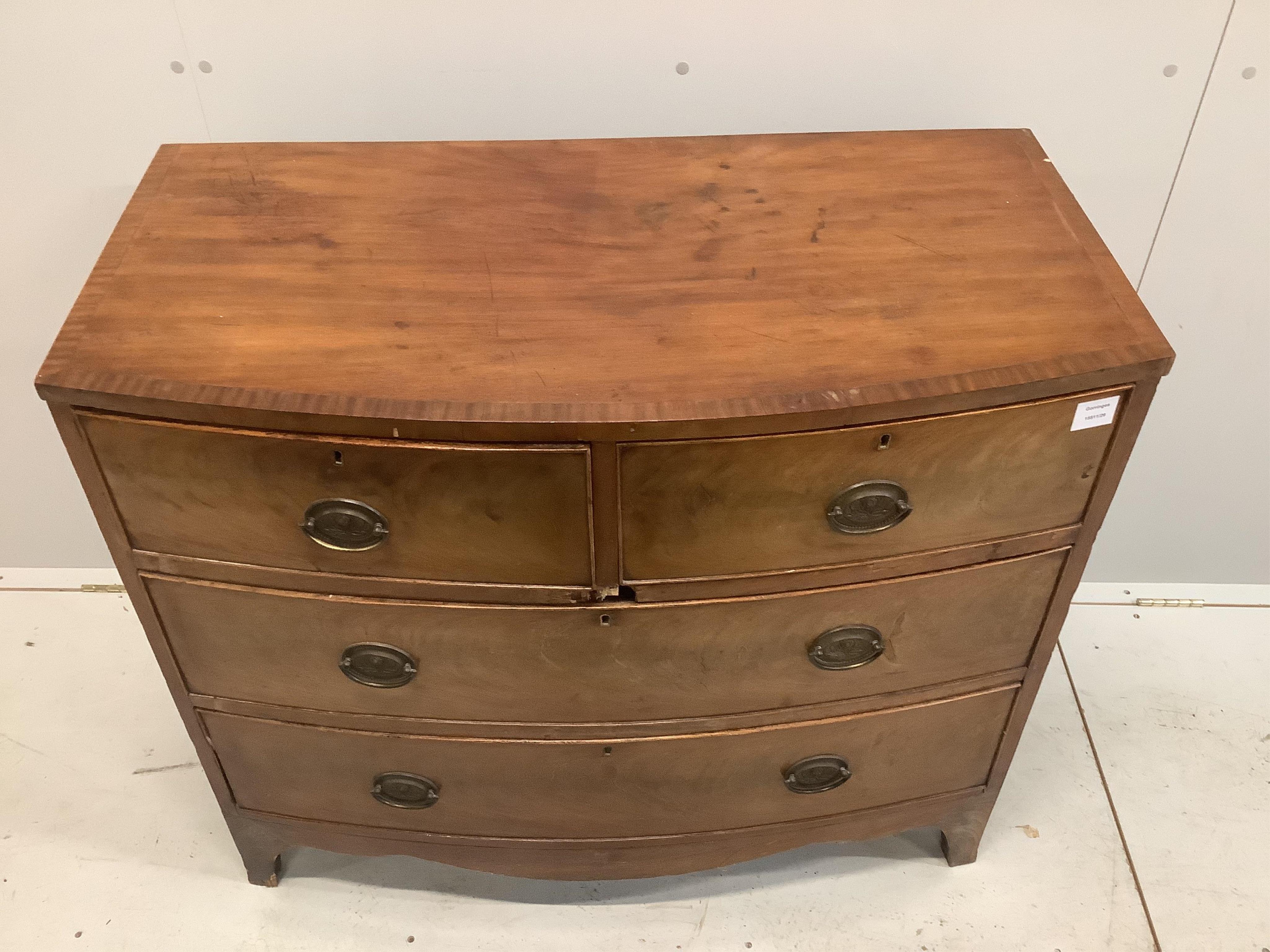 A Regency mahogany bowfront chest of drawers, width 98cm, depth 50cm, height 85cm. Condition - fair